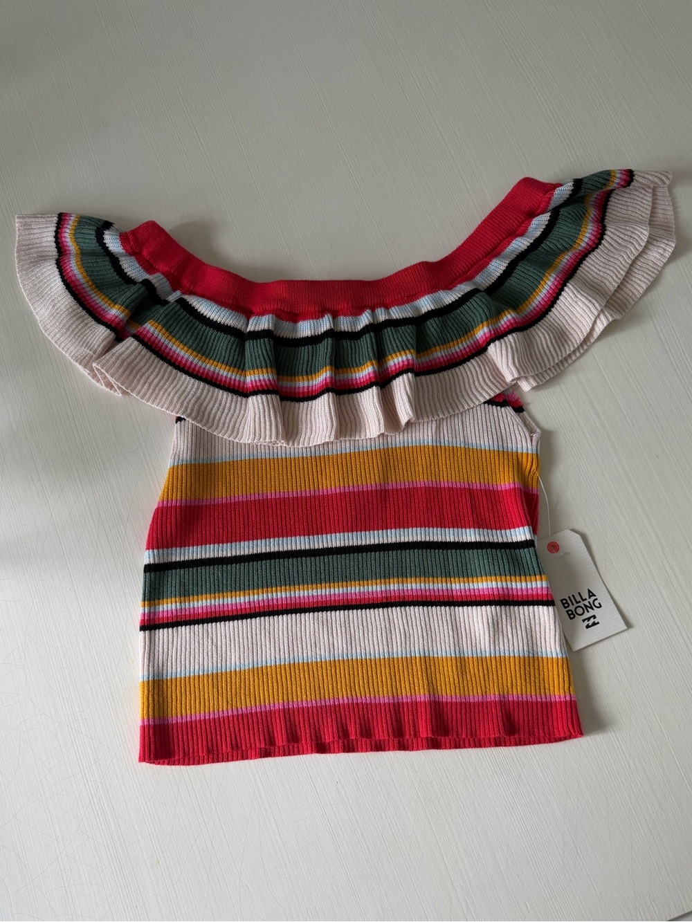 Billabong Pink, Yellow & Green Striped Ruffle Off-Shoulder top
